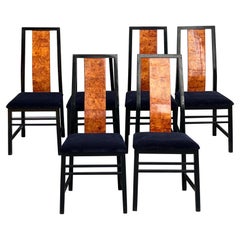 Set di 6 sedie laccate nere con spalliera in radice di noce, 1970