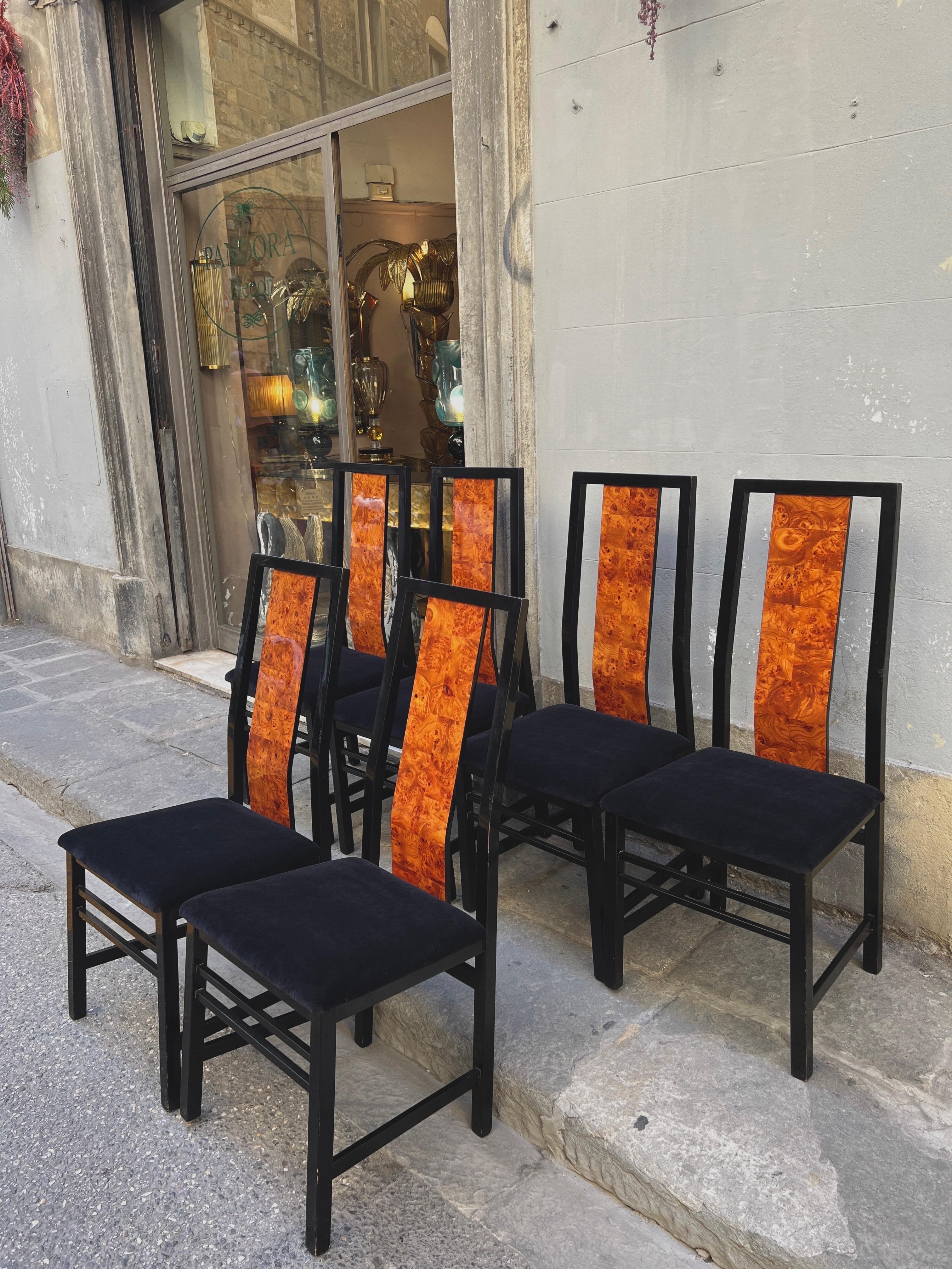 Set di 6 sedie laccate nere con spalliera in radica di noce, 1970 In Good Condition In Florence, IT