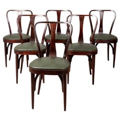 Set di 6 sedie vintage anni 40 in legno e pelle verde design Italiano