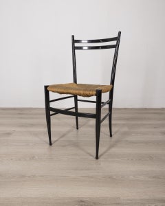 Lot de 6 chaises vintage des années 50 en bois noir et assise en corde design italien