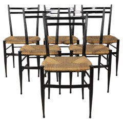 Set di 6 sedie vintage anni 50 in legno nero e seduta in corda design Italiano