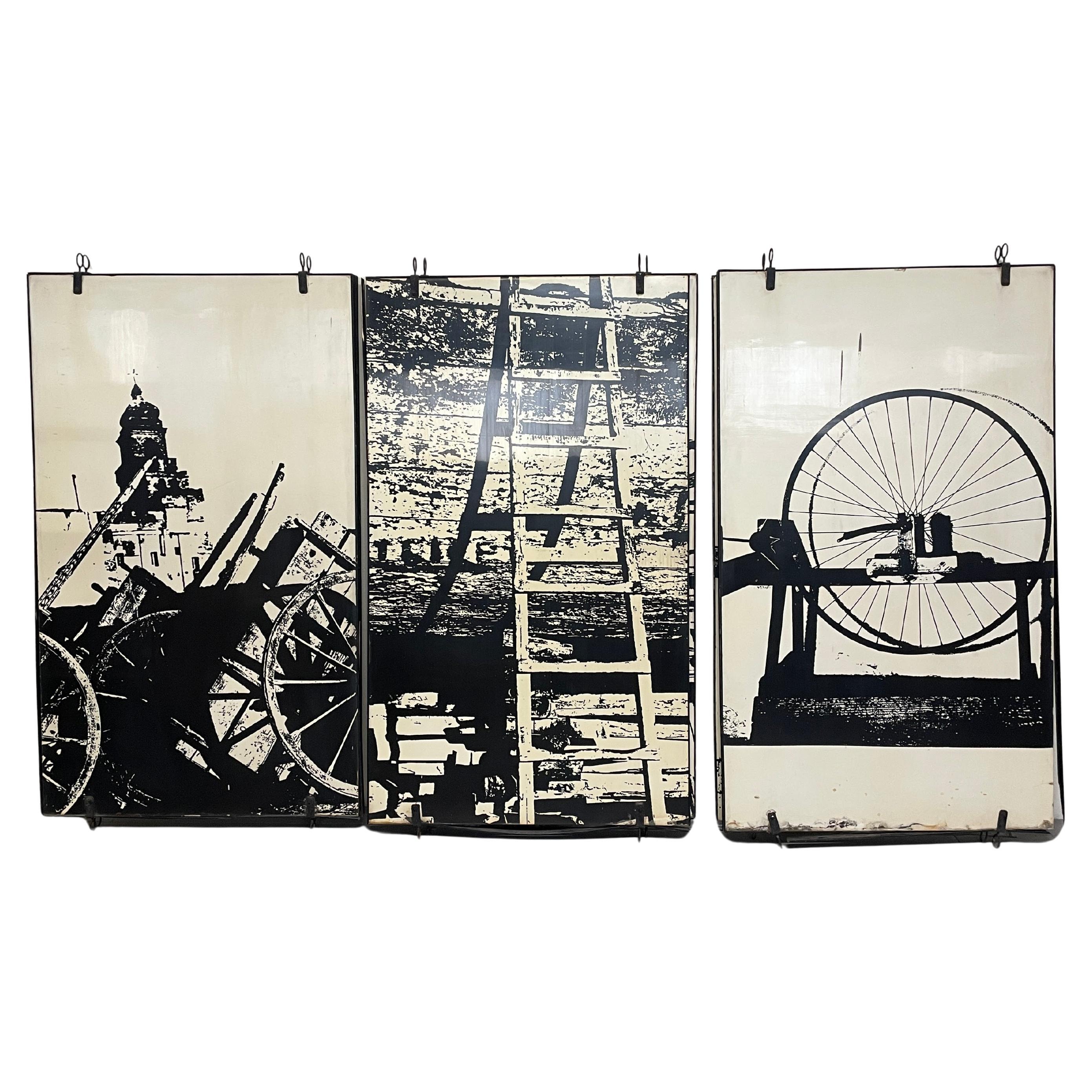 Set of 7 large double-sided decorative interior panels, 1960s