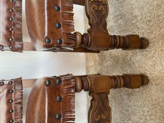 Set of 8 antique leather and walnut wood chairs Italian neo-renaissance style