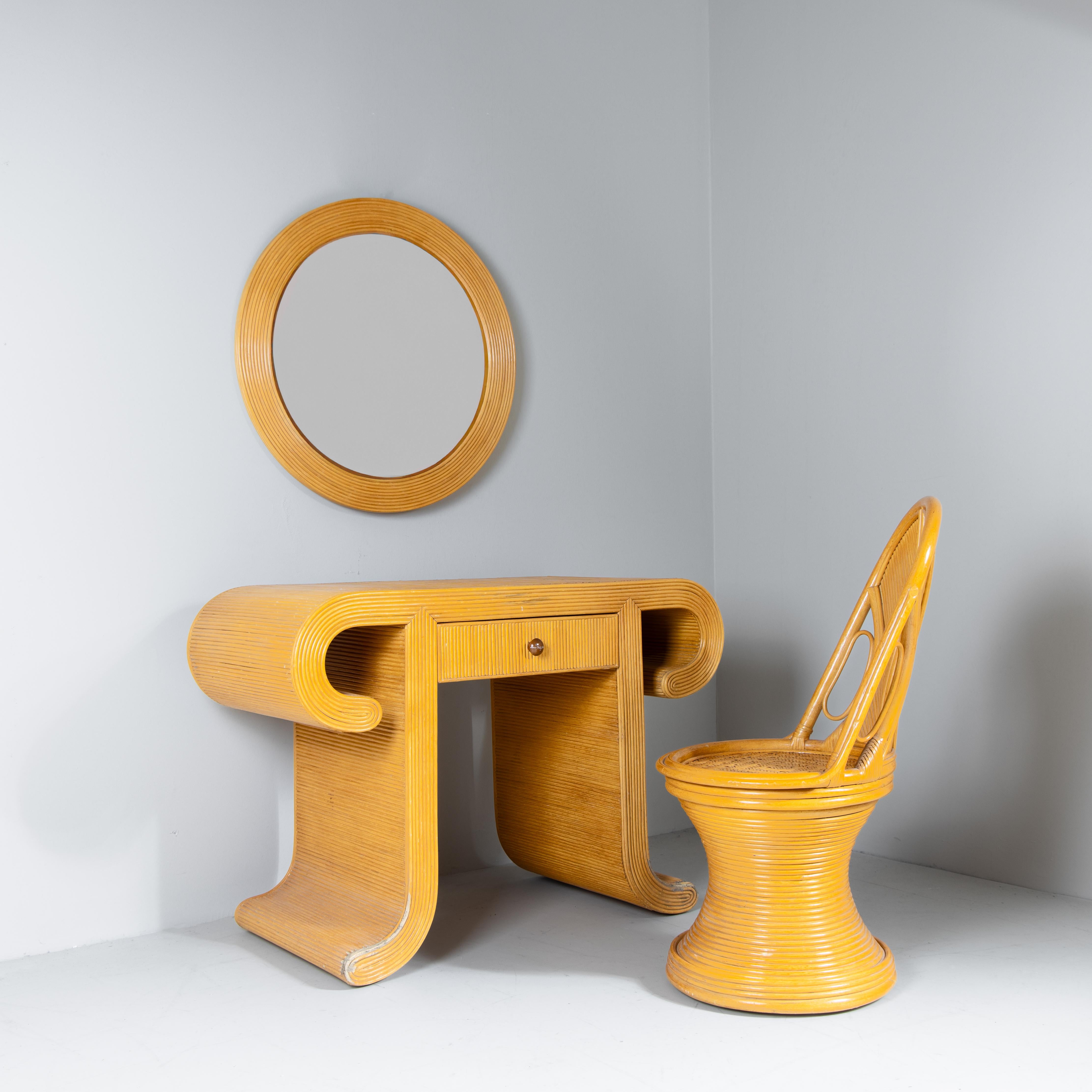 Set of console table, mirror, rattan stool, 1970s For Sale 3