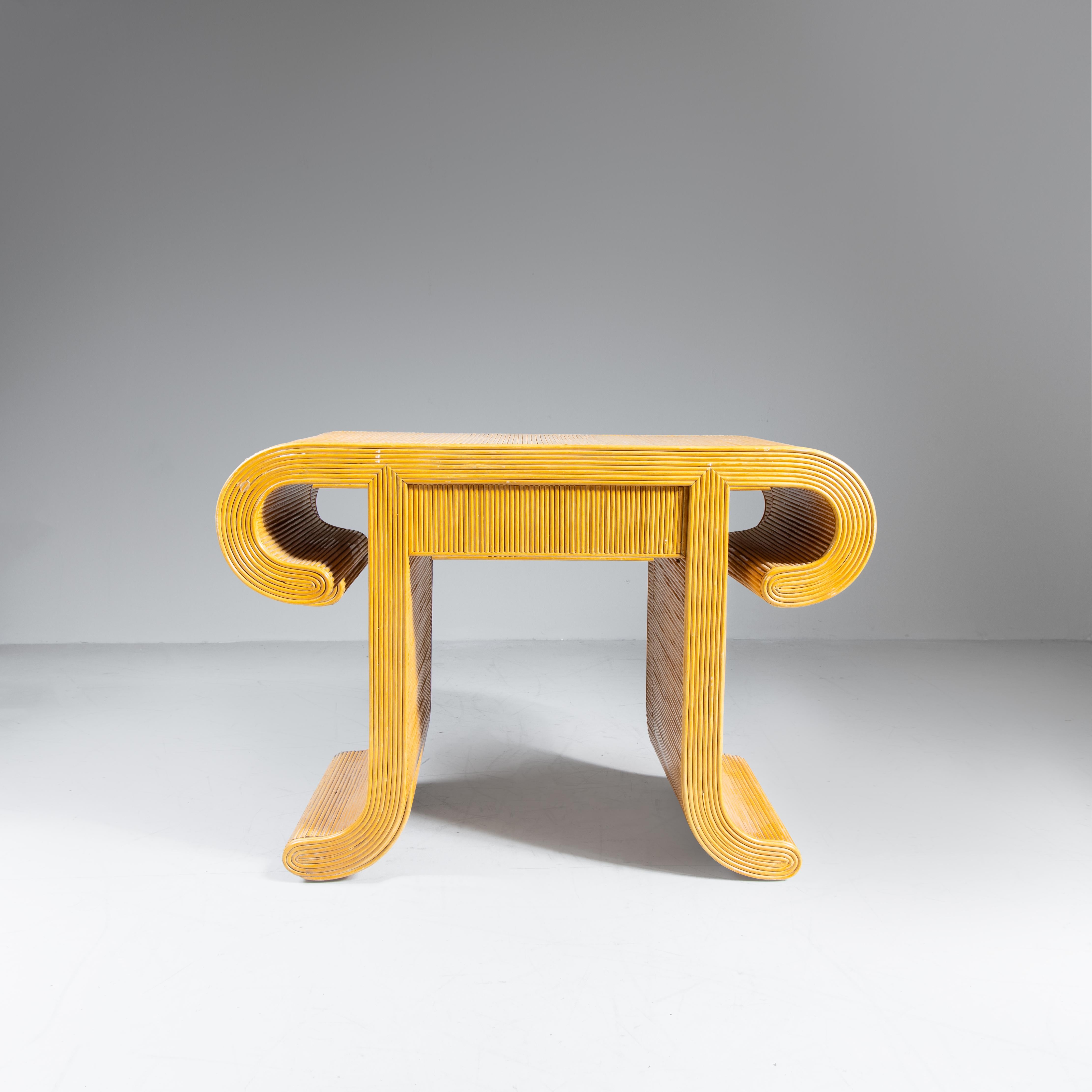 Mid-Century Modern Set of console table, mirror, rattan stool, 1970s For Sale
