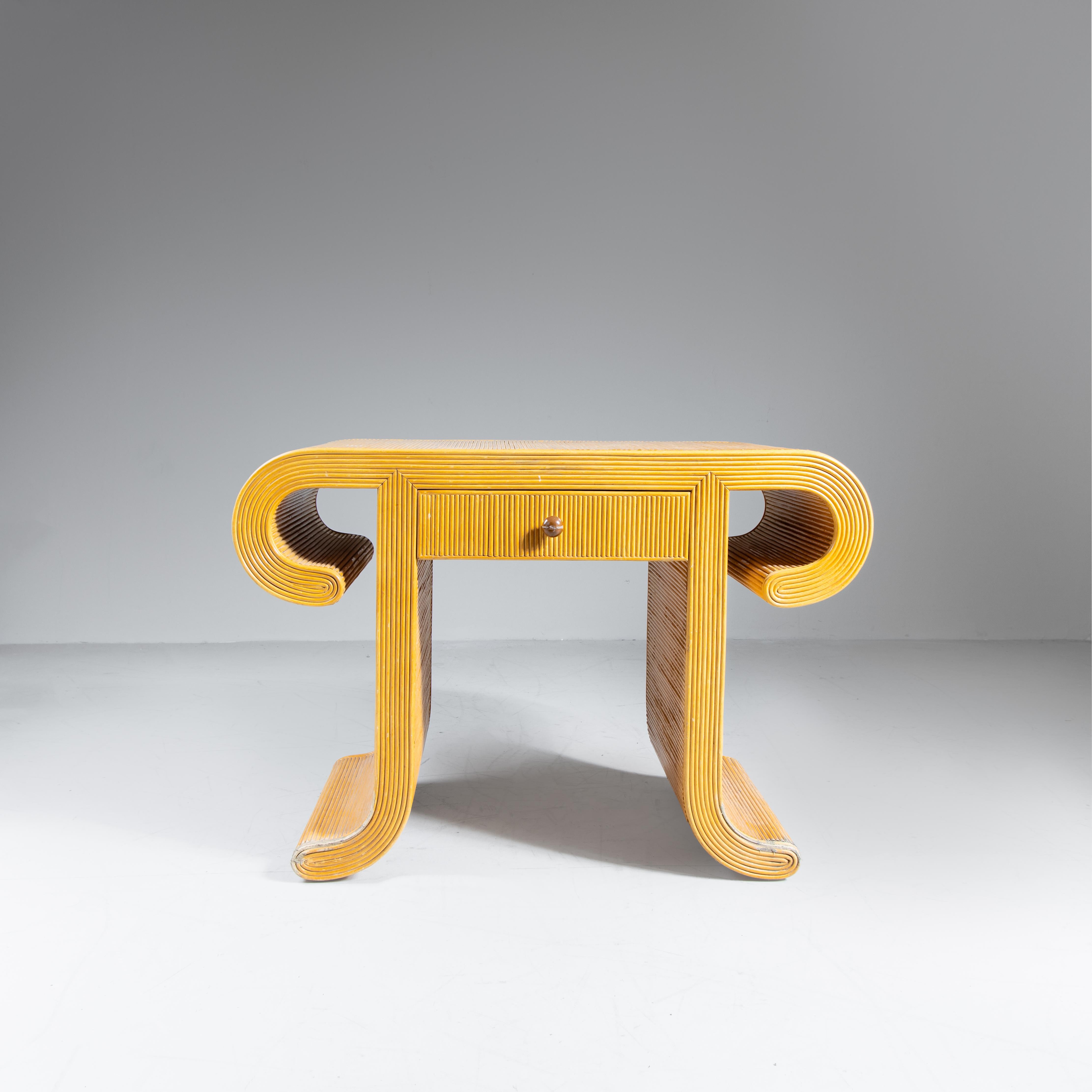 European Set of console table, mirror, rattan stool, 1970s For Sale