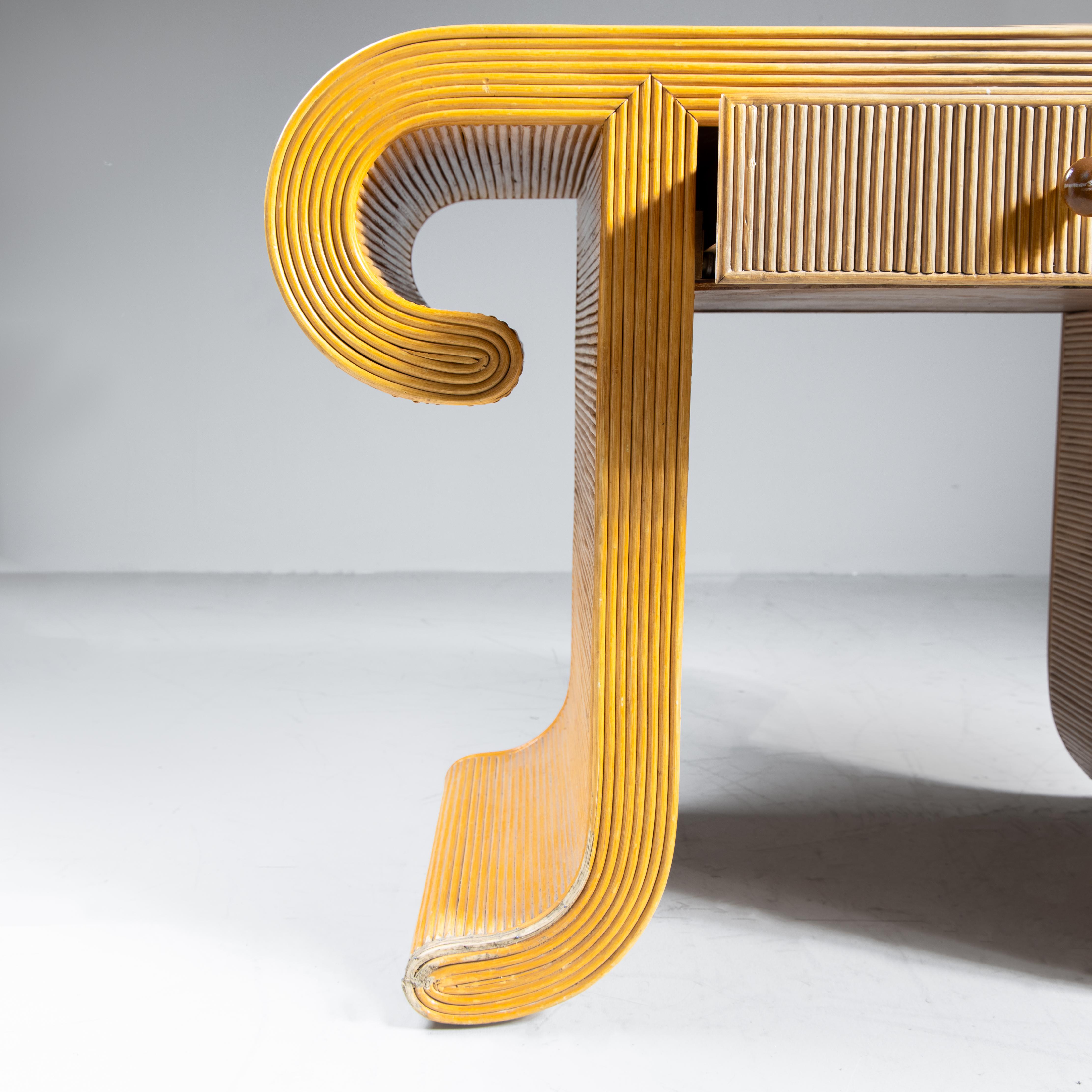 Late 20th Century Set of console table, mirror, rattan stool, 1970s For Sale