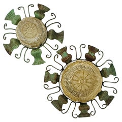 Vintage Set of two brutalist/rustic style wall lamps, glass and iron 1960s/70s.
