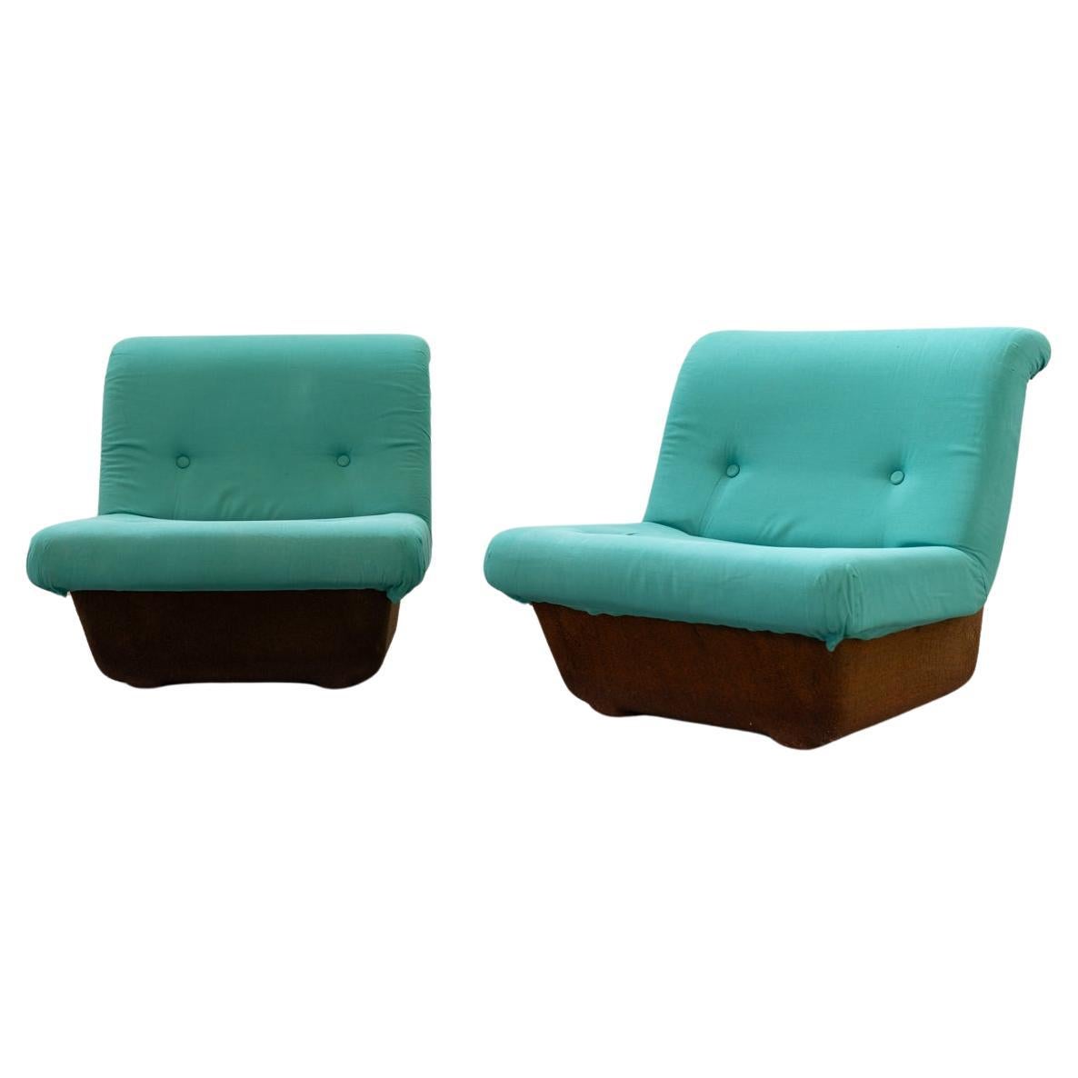 Set of two Lev & Lev armchairs, fabric, removable covers, fiberglass frame '70s For Sale