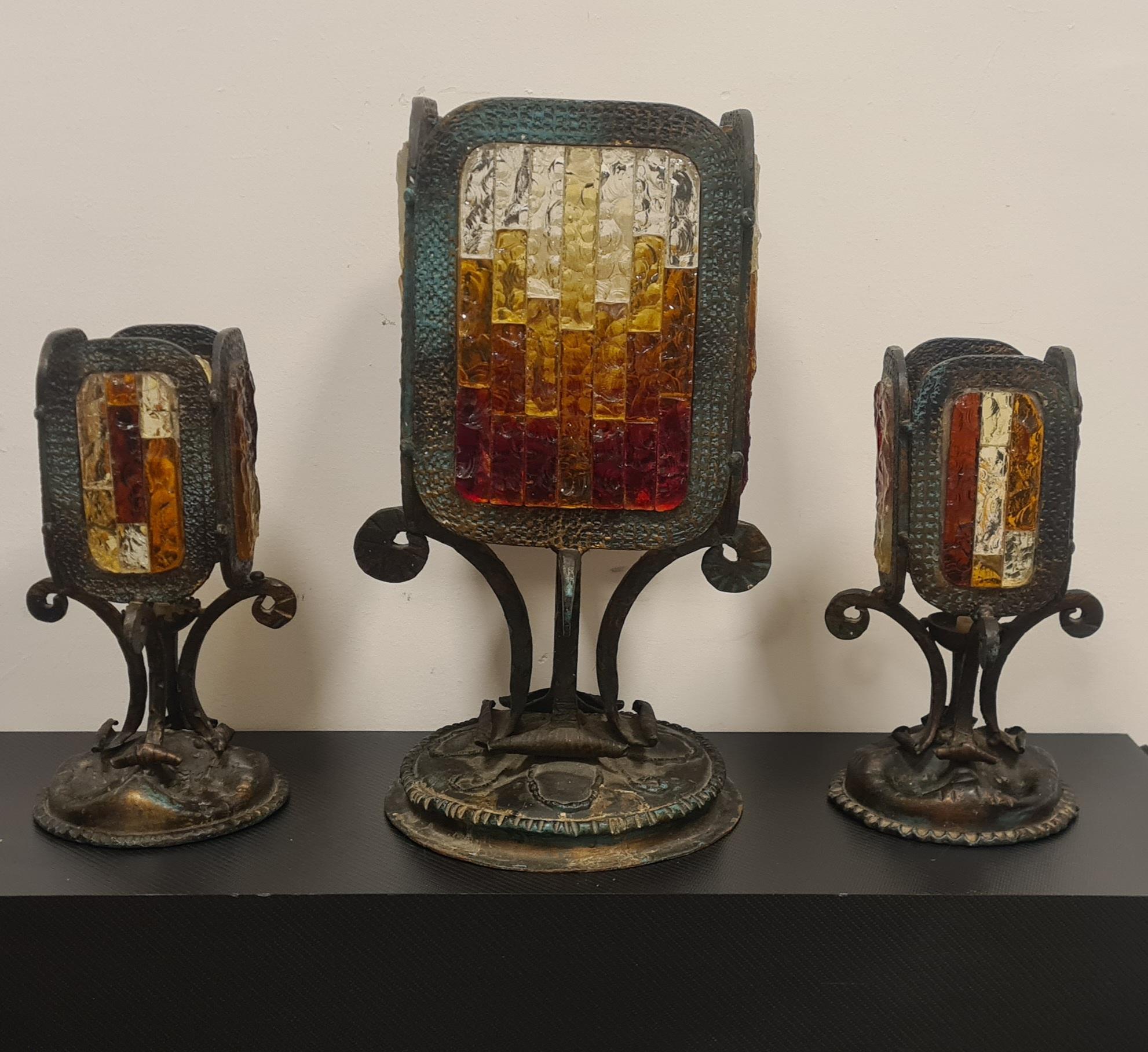 Italian Set of Brutalist Lamps in wrought iron and glass by Albano Poli for Poliarte For Sale