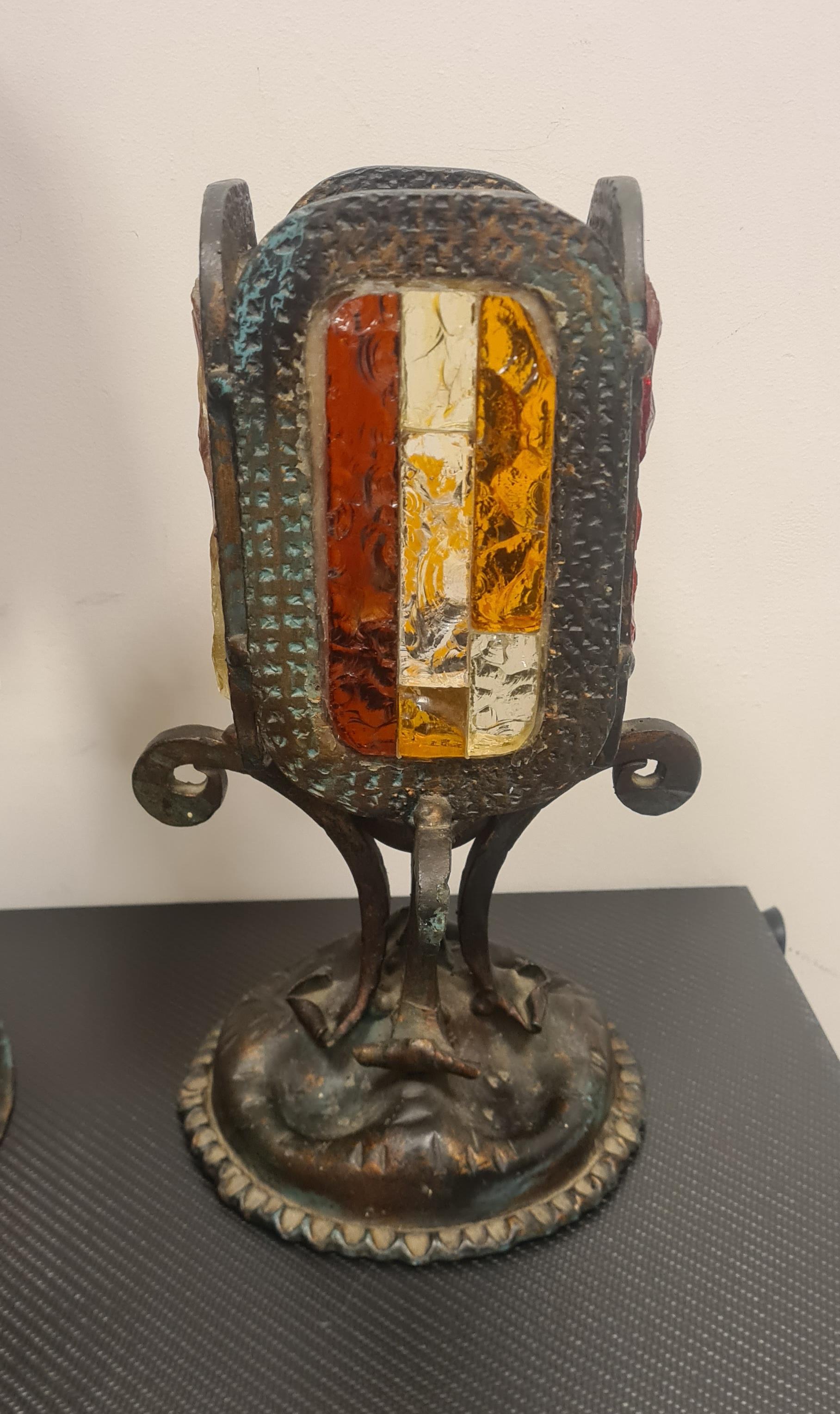 Brutalistisches Lampenpaar aus Schmiedeeisen und Glas von Albano Poli für Poliarte (Mosaik) im Angebot