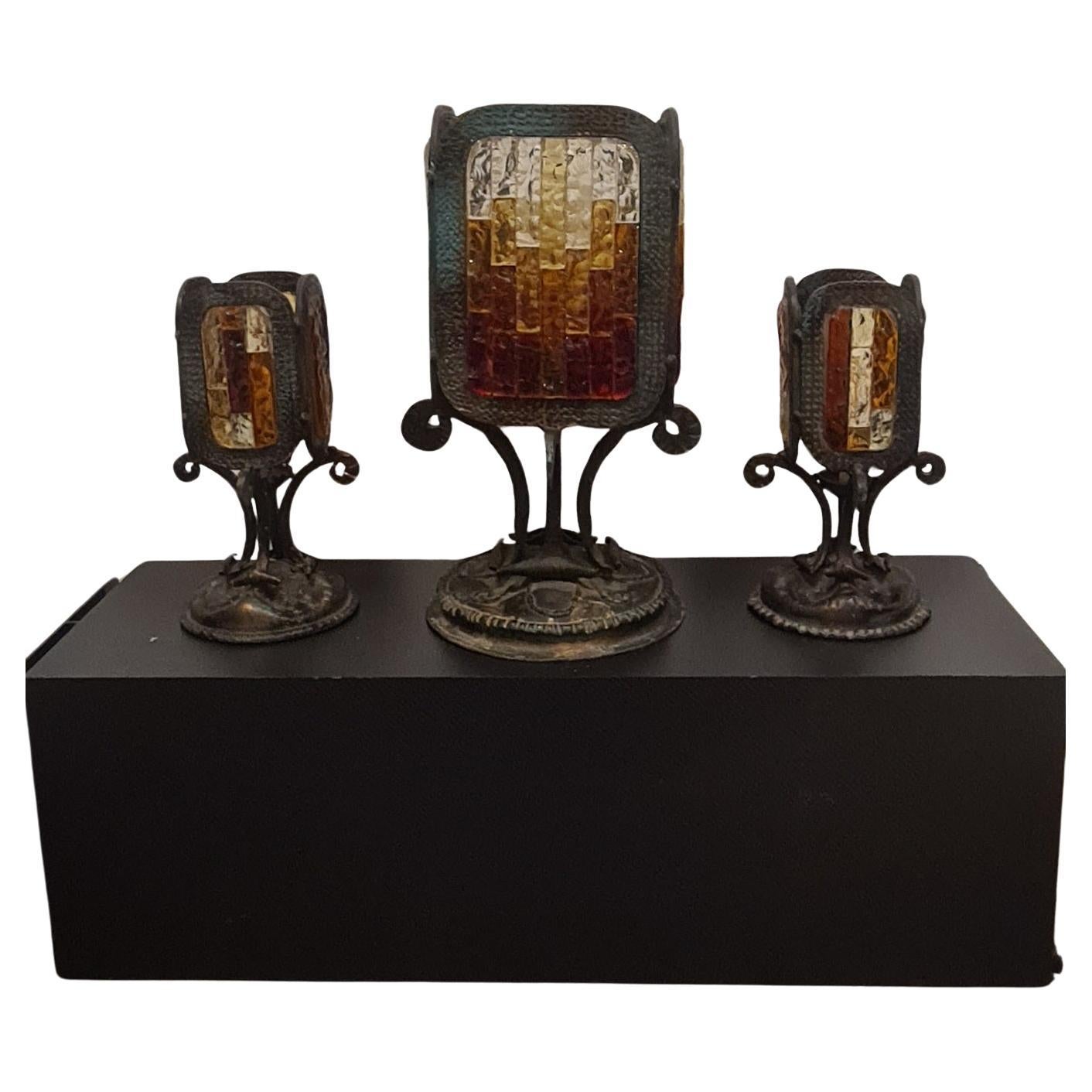 Ensemble de lampes en fer forgé et verre de style brutaliste par Albano Poli pour Poliarte en vente