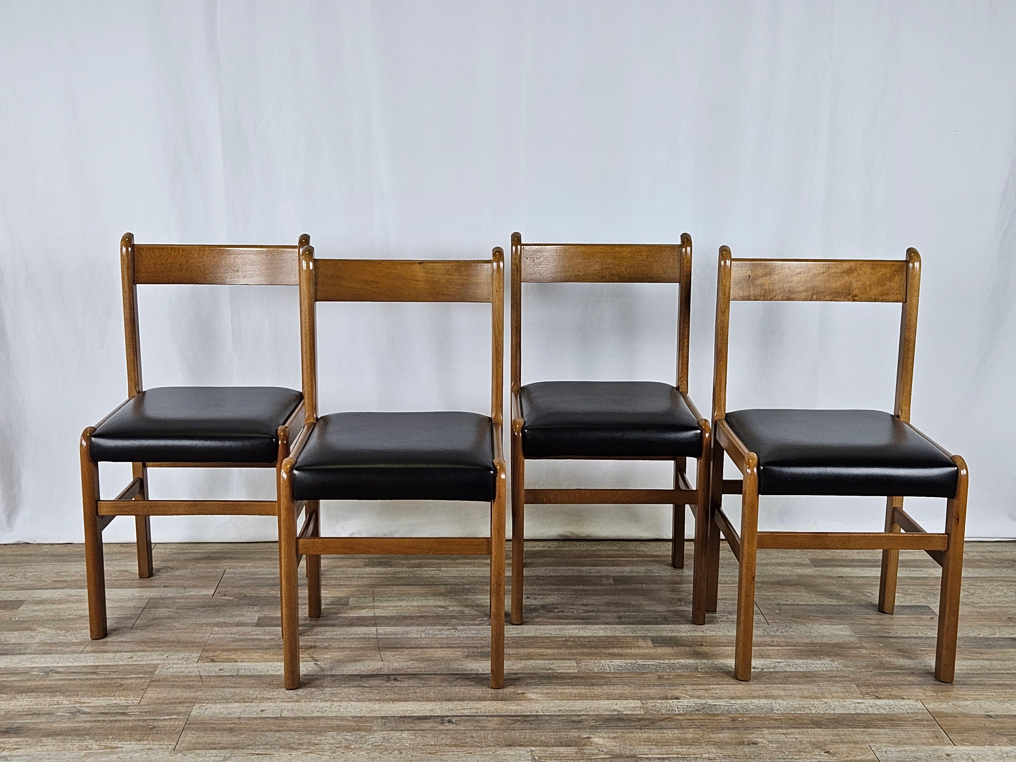 Beechwood office or waiting room chairs with comfortable black leather upholstered seat.

The chairs are a high-quality Italian production, dating from the early 1970s.

They show normal signs due to age and use, the wood is present in virtually