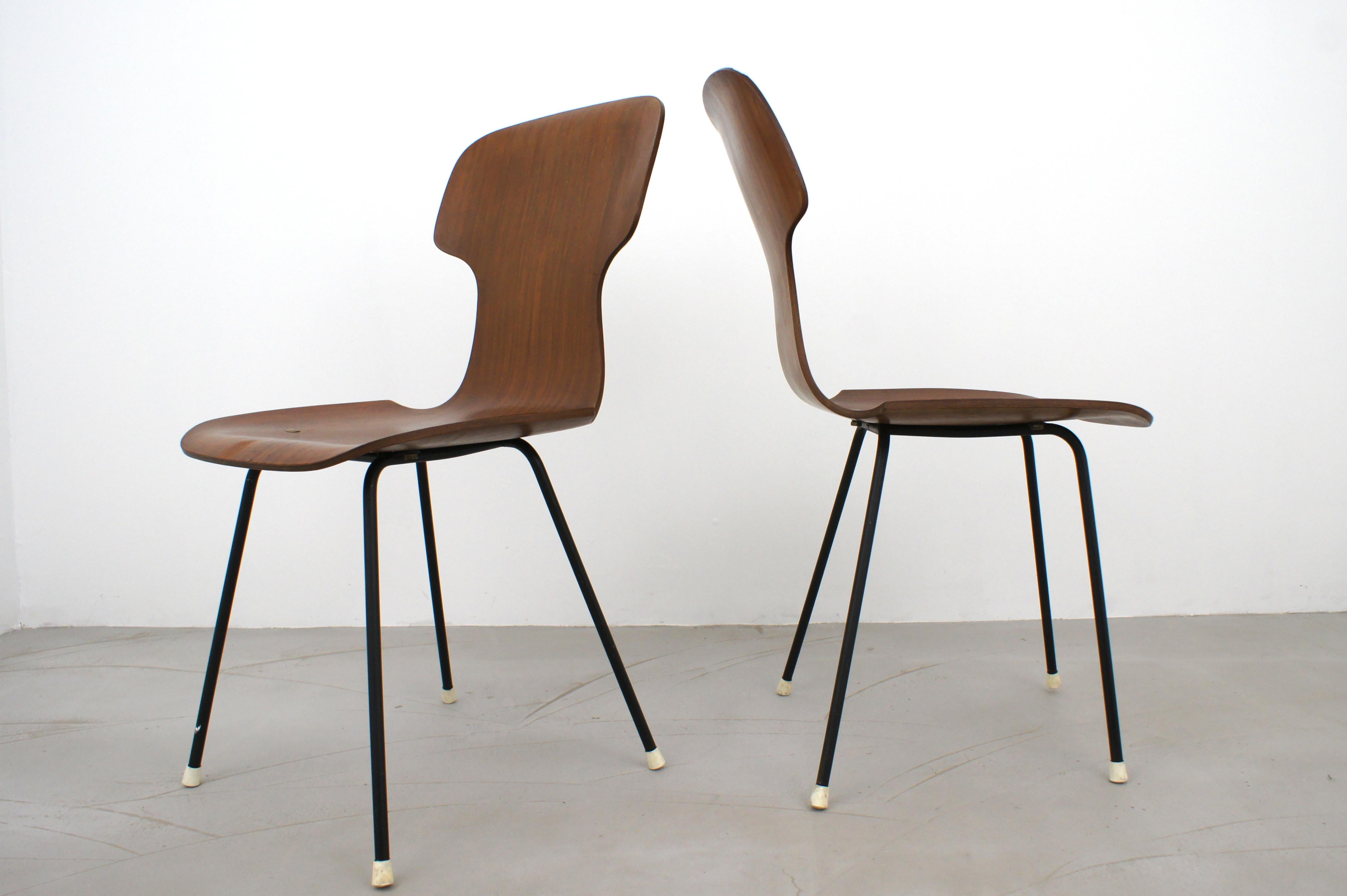 Set of 4 dining chairs made of curved plywood, Italian production from the 1960s.

The seat is a steam-curved wood monocoque, light and elastic but strong, secured to the underlying black lacquered metal frame by brass elements.

The chairs can be