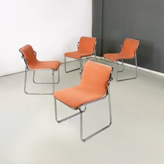 Italian modern set of four steel and pink fabric chairs, 1970s