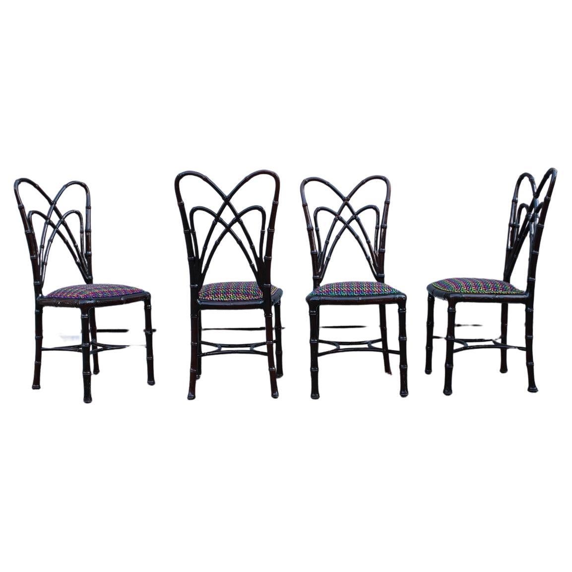 Set of Wooden Chairs carved in Bamboo fabric Missoni Italia 1960s