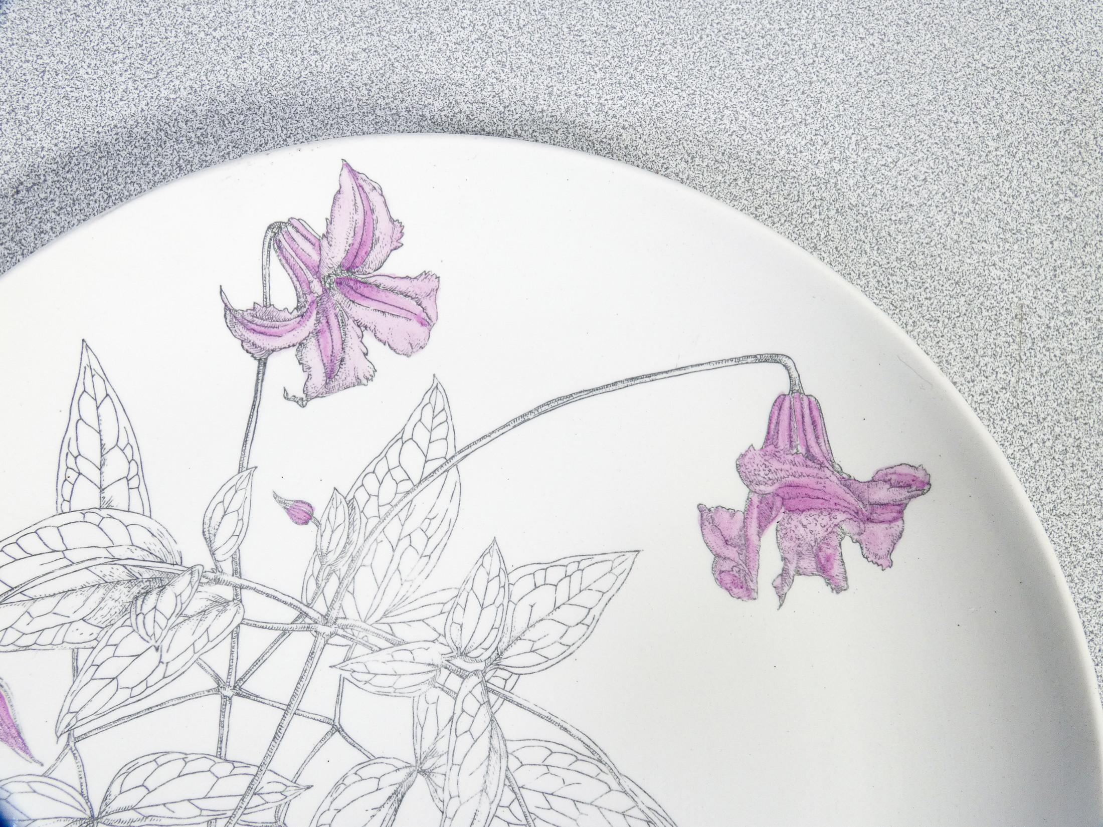 Juego de seis platos, diseño Piero FORNASETTI serie Clematitas. Milán, años 50 Porcelana en venta