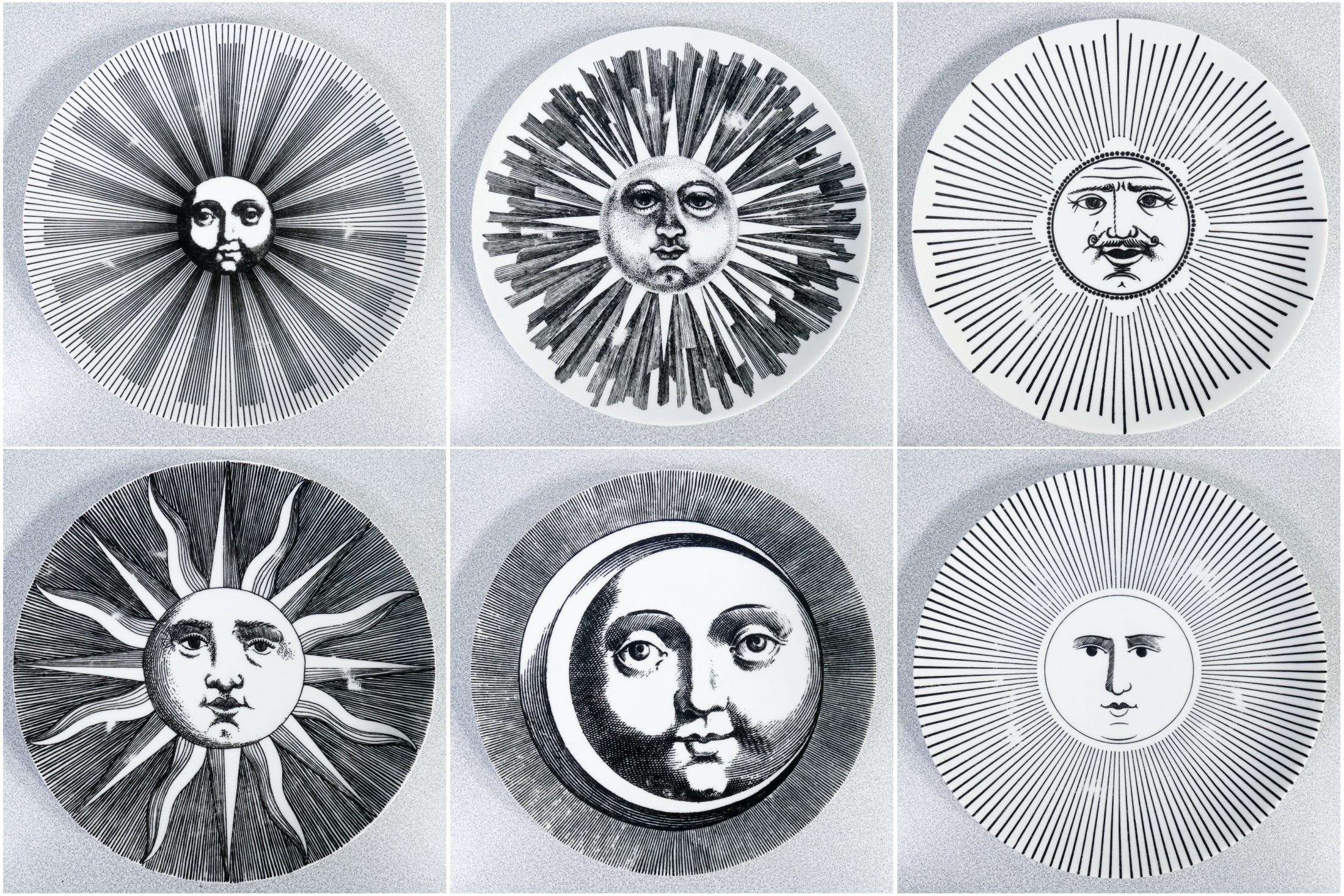 Juego de seis platos, diseño
Piero FORNASETTI
serie Soles y Lunas.

ORIGEN
Milan

PERÍODO
1970s

DISEÑADOR
Piero FORNASETTI

MARK
Fornasetti - Milán

MODELO
Motivo decorativo
Soles y lunas

MATERIALES
Porcelana

DIMENSIONES
Ø 26 cm
A 2.5