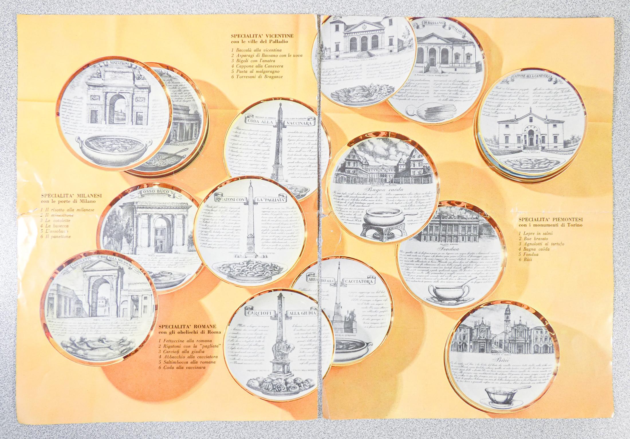 Set of six FORNASETTI Piedmontese specialties plates with monuments of Turin 10