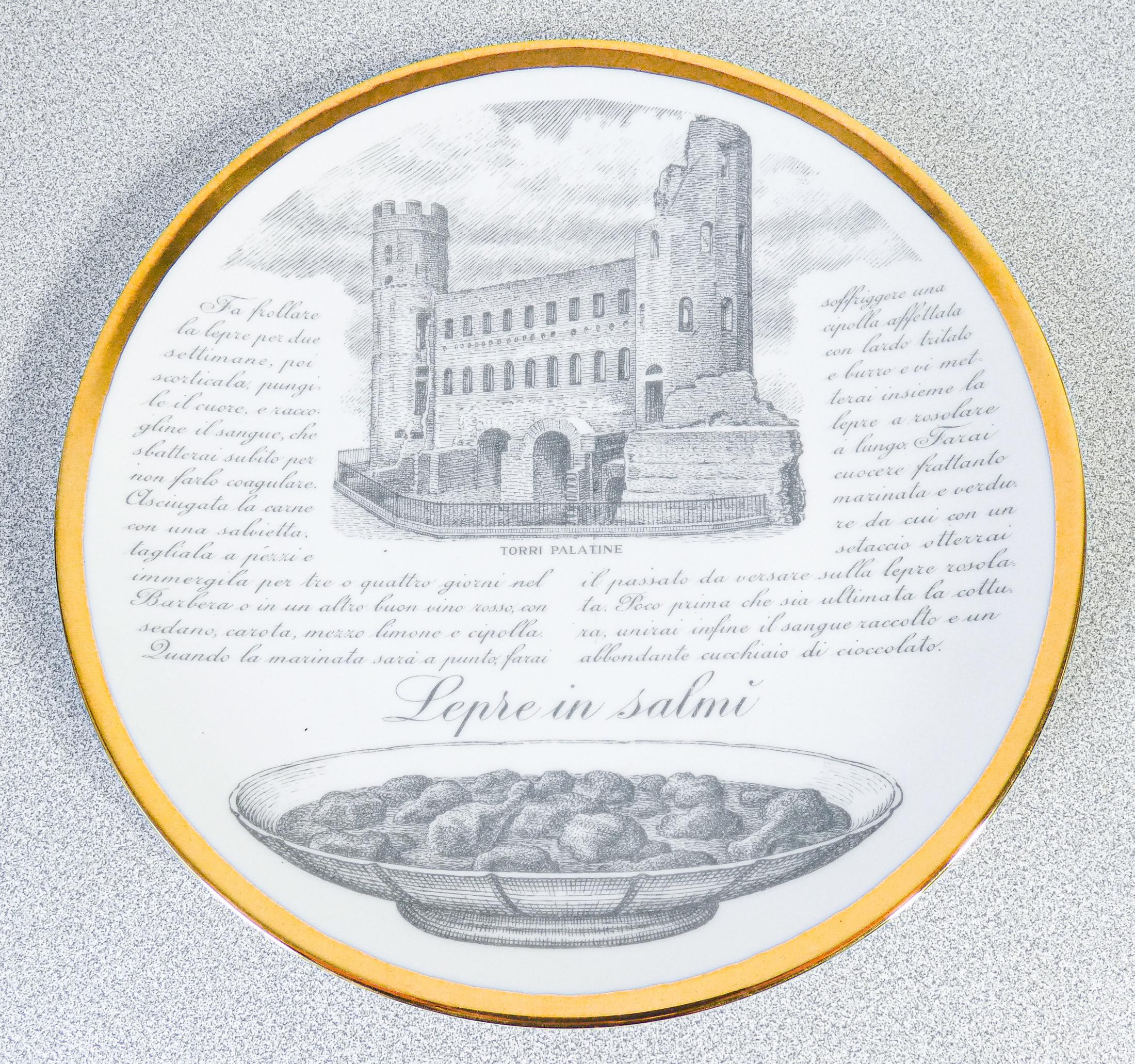 Italian Set of six FORNASETTI Piedmontese specialties plates with monuments of Turin