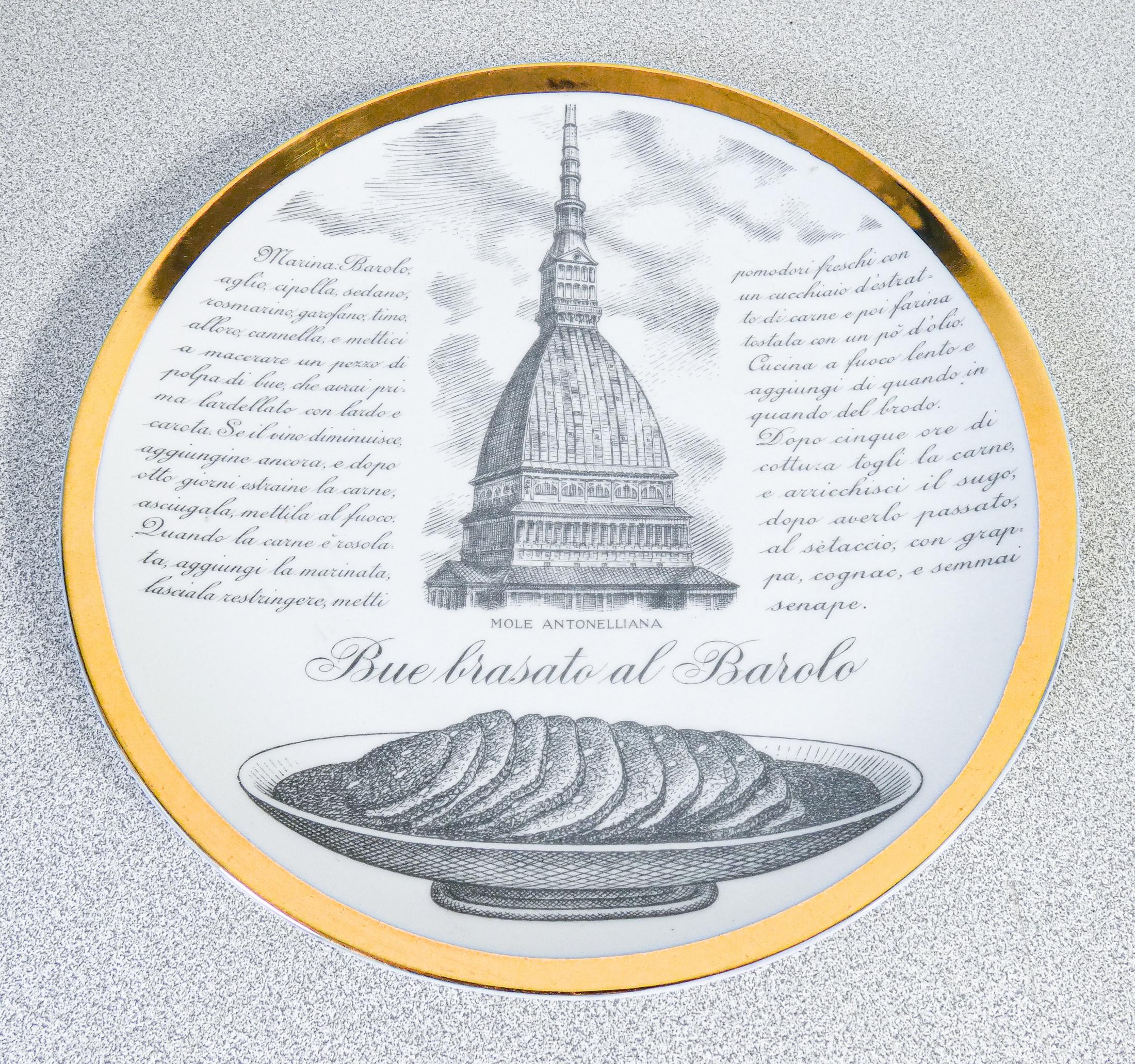 Set of six FORNASETTI Piedmontese specialties plates with monuments of Turin In Good Condition In Torino, IT