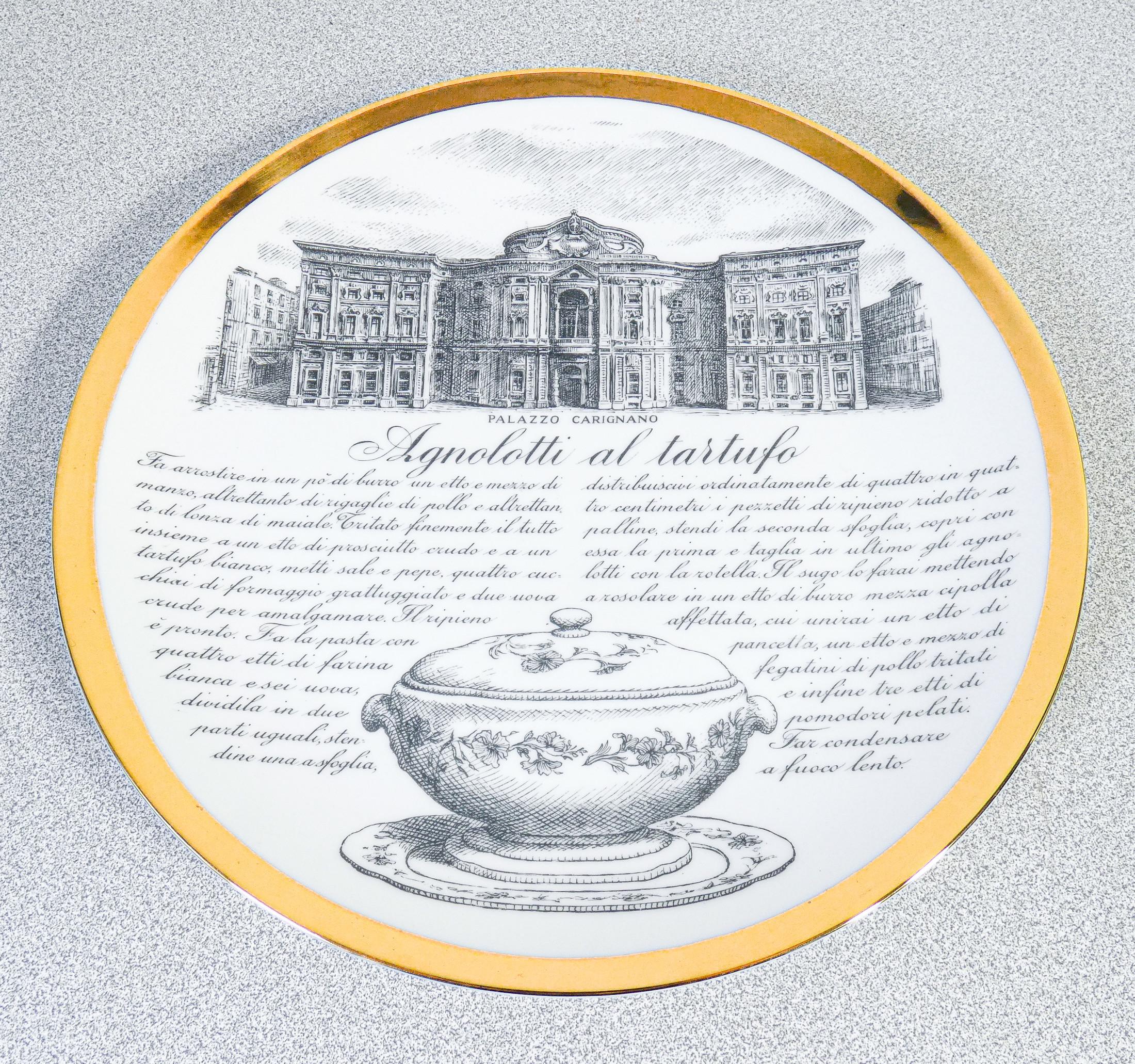 Mid-20th Century Set of six FORNASETTI Piedmontese specialties plates with monuments of Turin