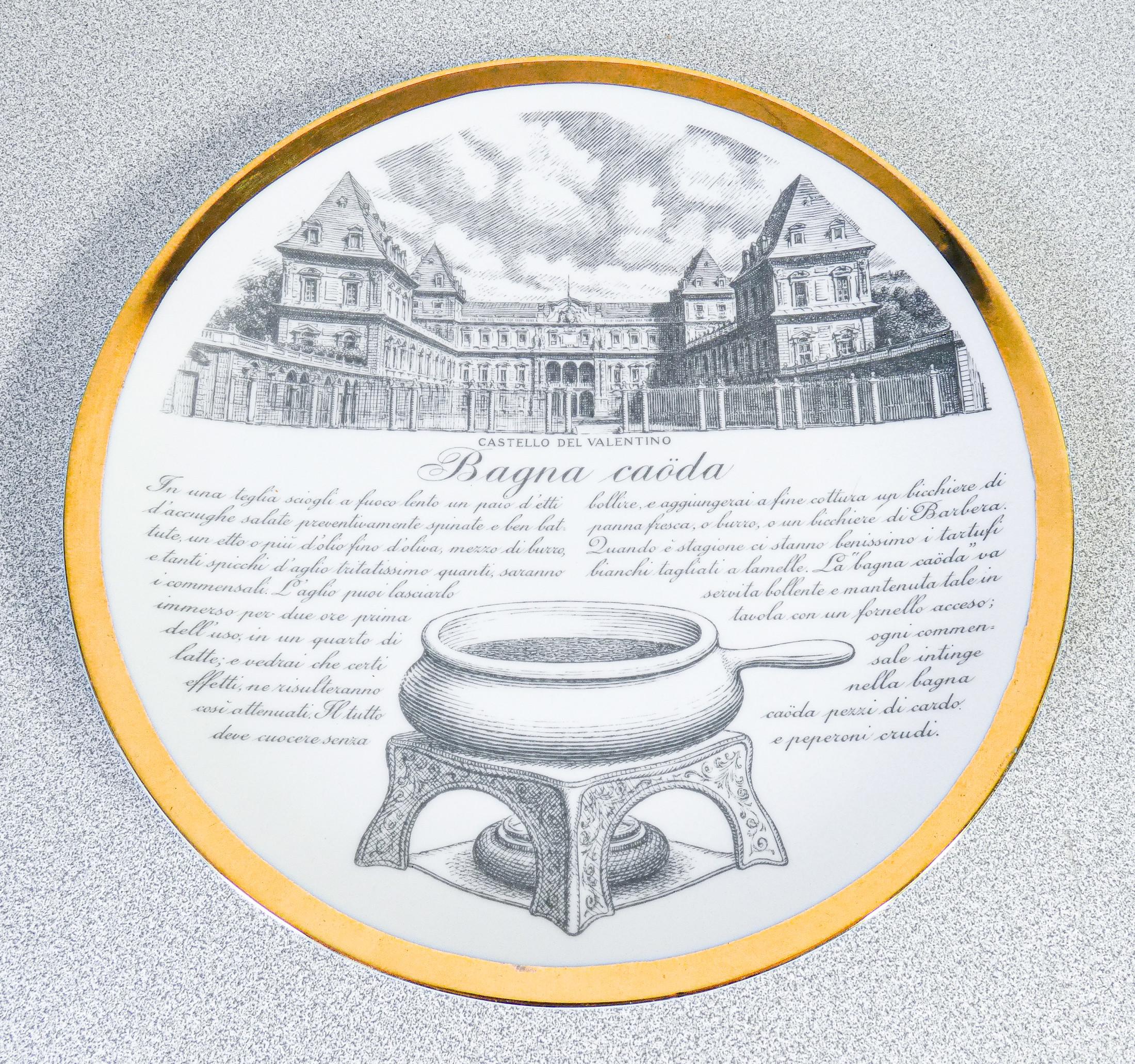 Porcelain Set of six FORNASETTI Piedmontese specialties plates with monuments of Turin