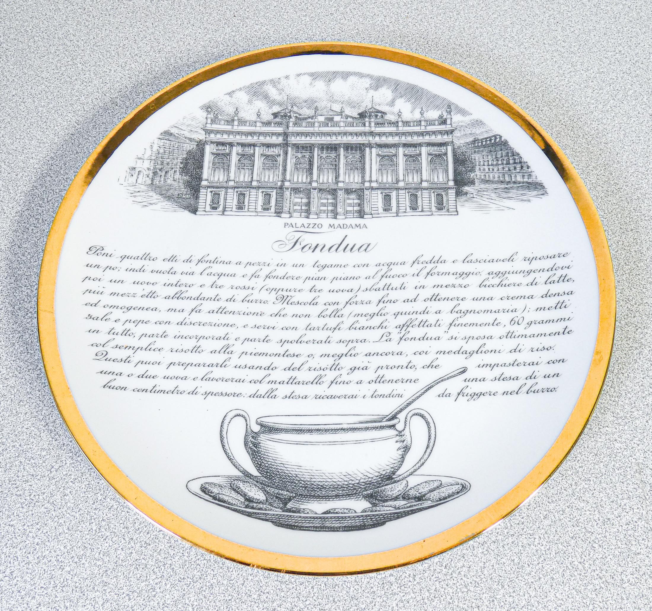 Set of six FORNASETTI Piedmontese specialties plates with monuments of Turin 1