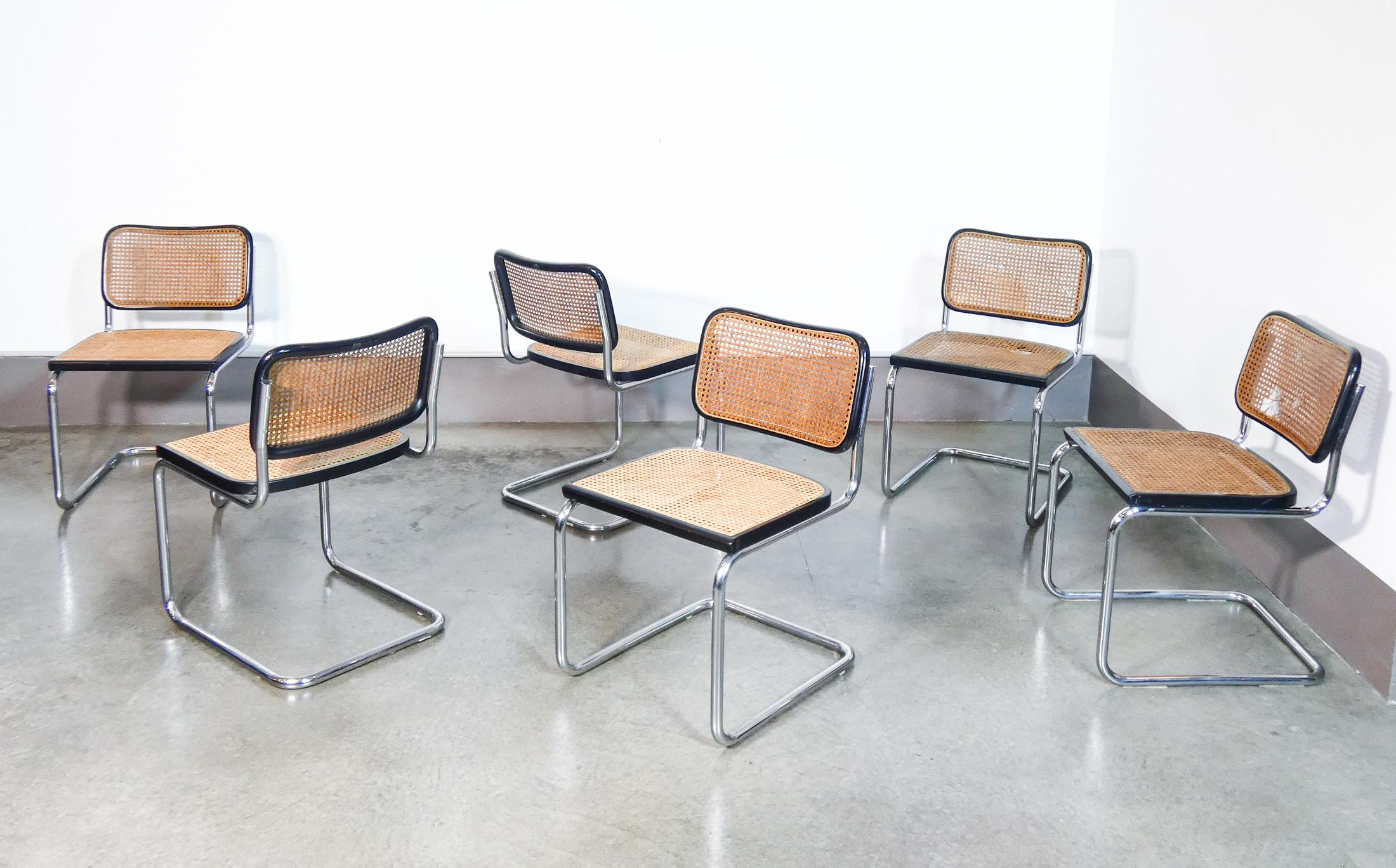 Set of six chairs
CESCA B32
design Marcel BREUER.
Gavina production.

ORIGIN
Italy

PERIOD
1950s

DESIGNER
Marcel BREUER

MARK
Gavina Production
labels on the bottom

MODEL
CESCA B32
In 1928 Marcel Breuer designed the B 32 chair, which was later
