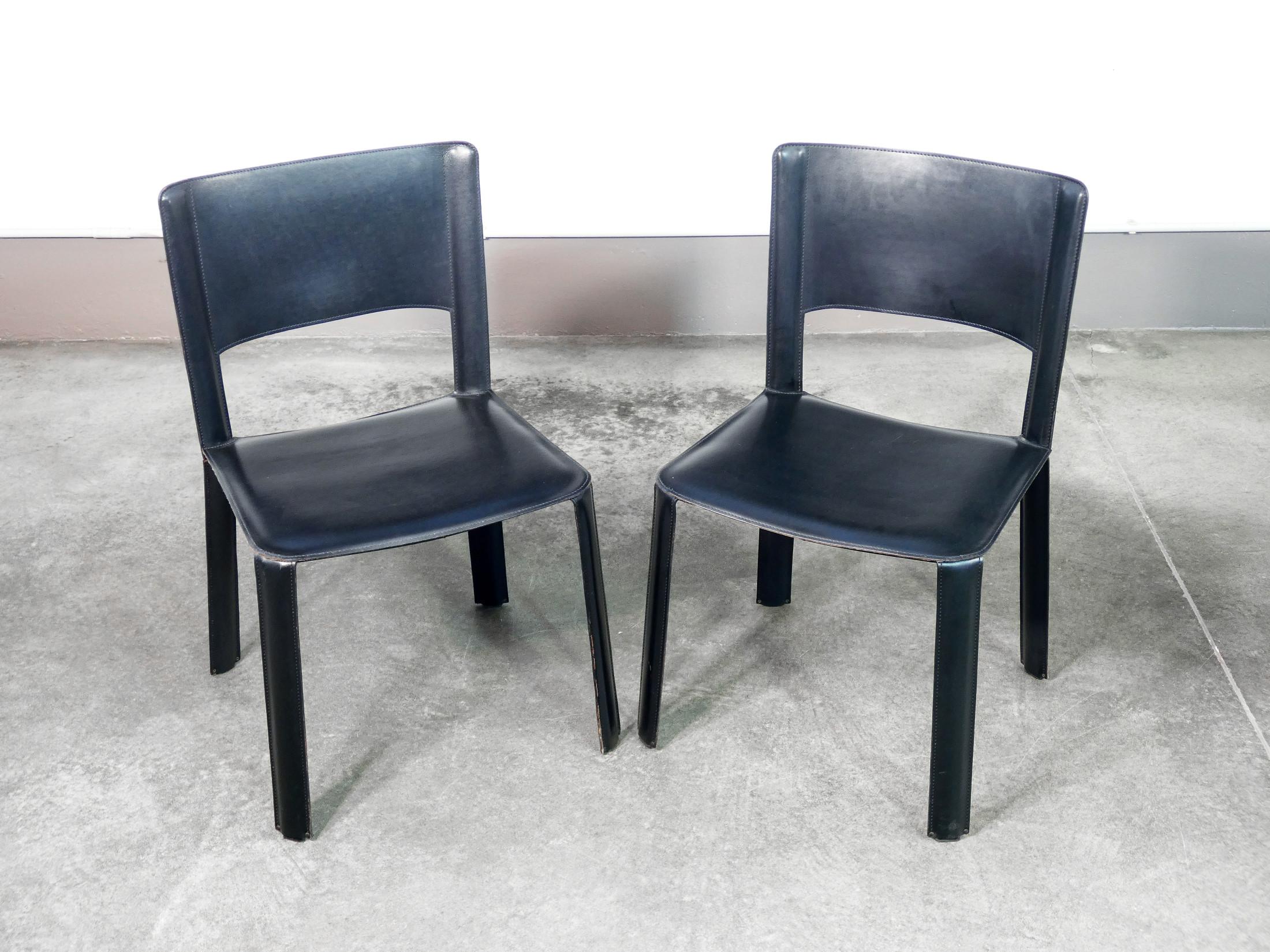 Metallo Set di sei sedie, design di Willy RIZZO per CIDUE, in pelle nera. Italia, 1970s in vendita