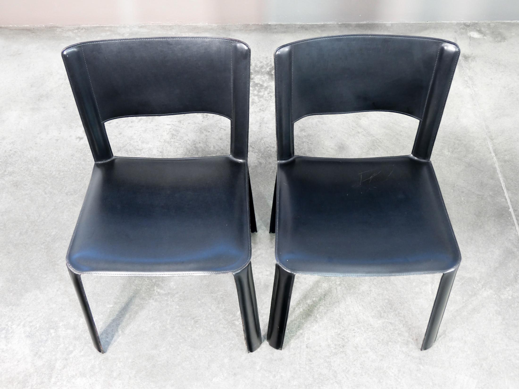 Set di sei sedie, design di Willy RIZZO per CIDUE, in pelle nera. Italia, 1970s in vendita 1