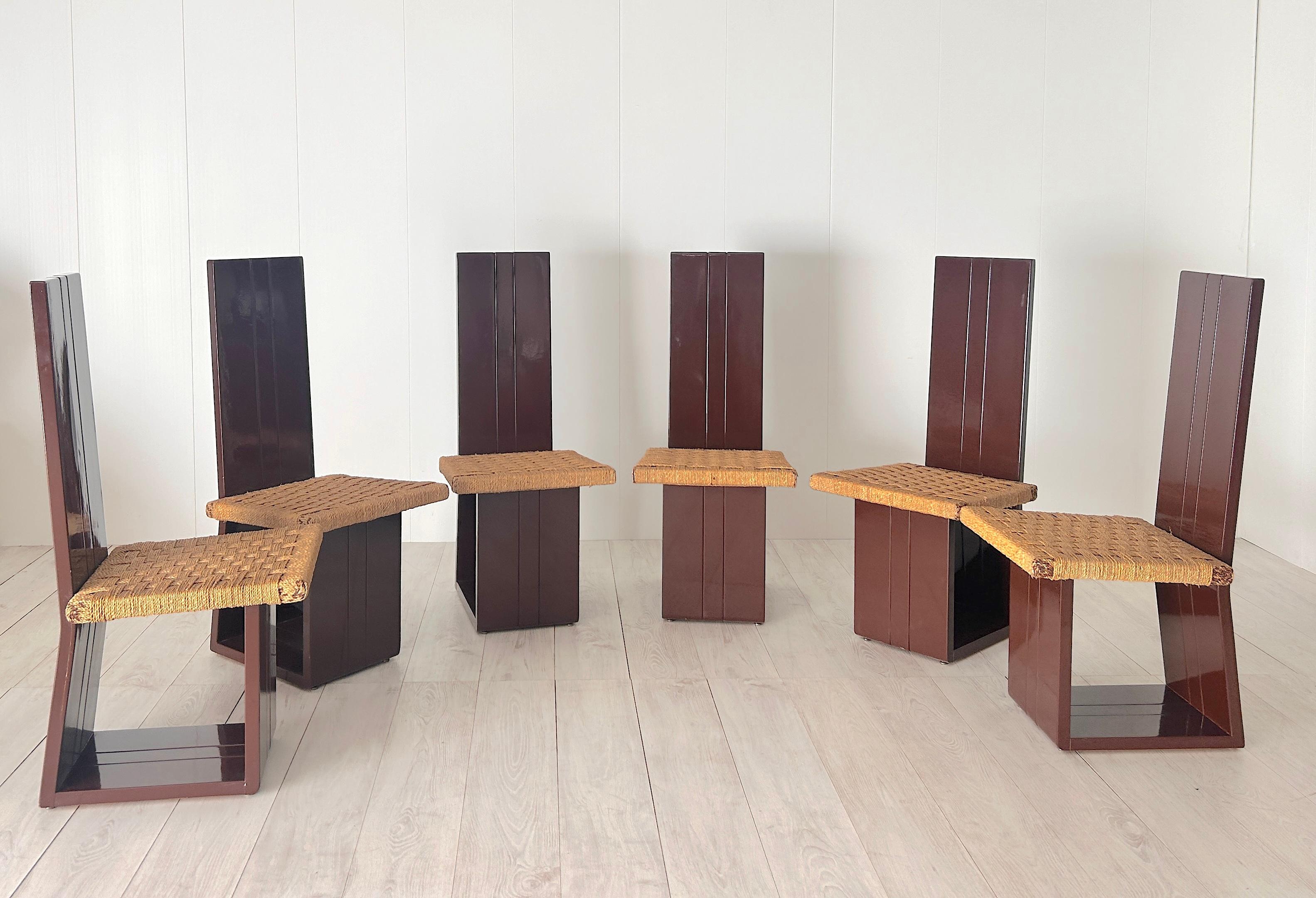 Set di sei sedie in legno laccato e seduta in paglia, Italien, Anni 70, Set im Angebot 4