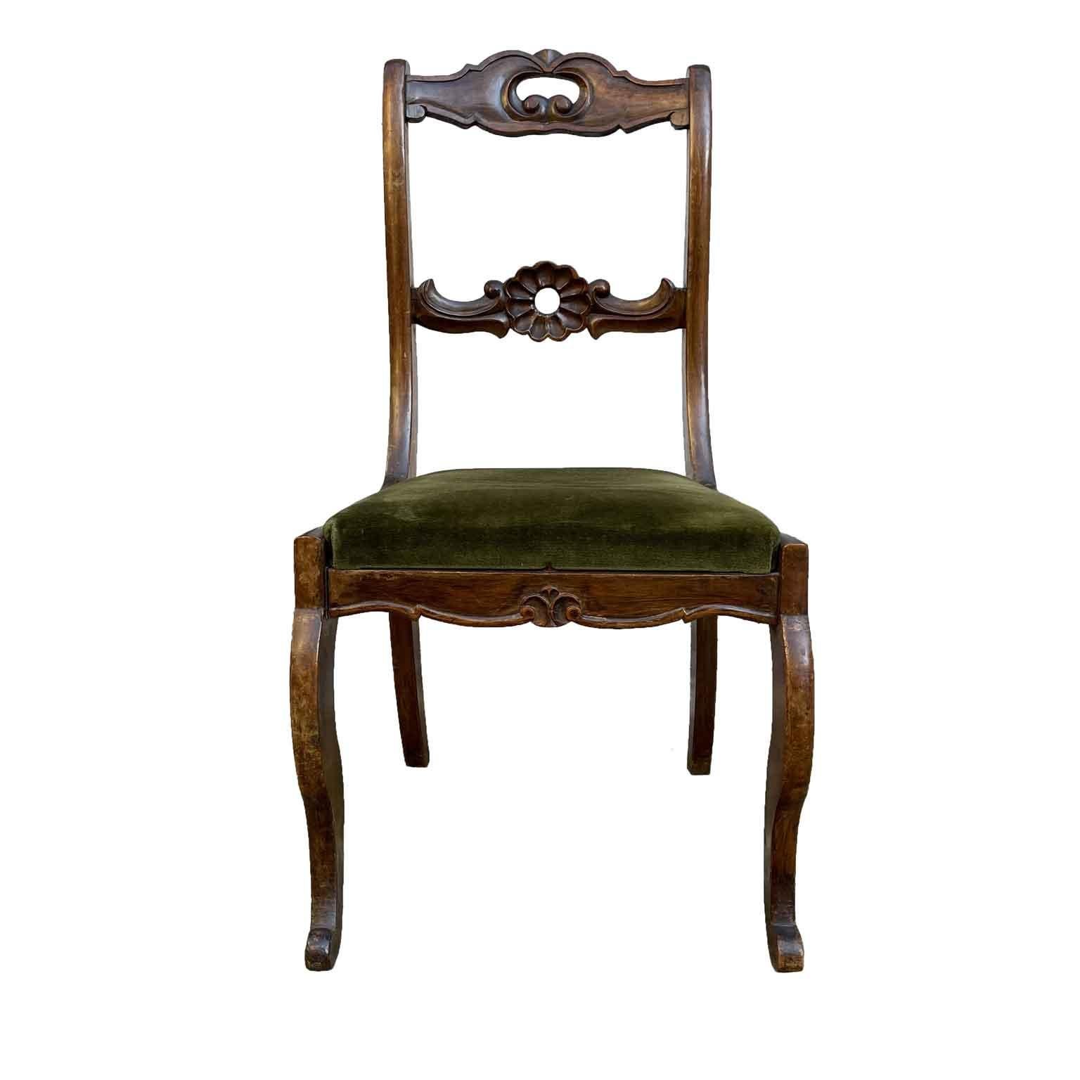 Louis Philippe Set of Six Italian Carved Walnut Chairs 19th Century Velvet to Replace For Sale