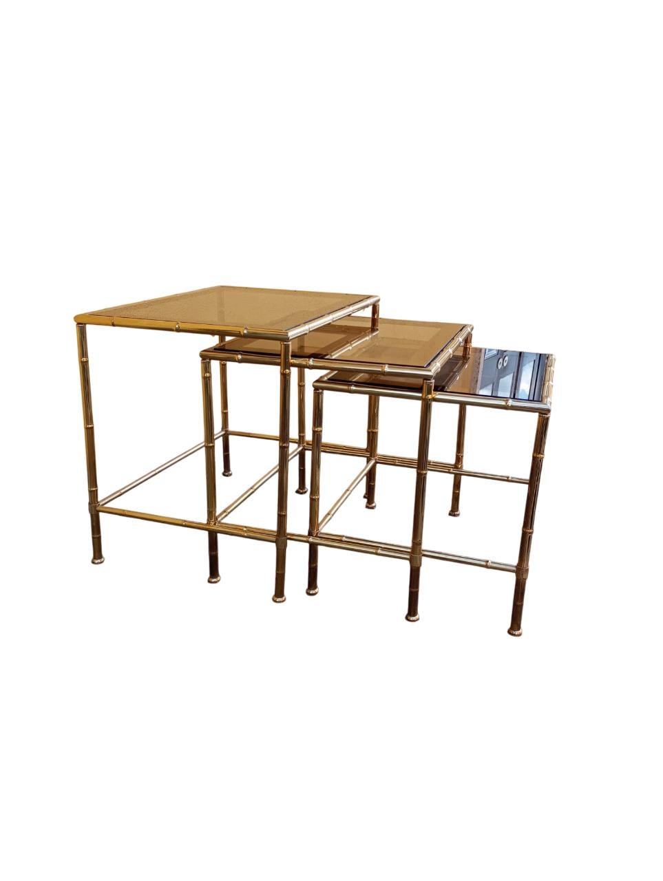 Italian Set of three nesting tables with design imitating bamboo. Italy 1970s For Sale