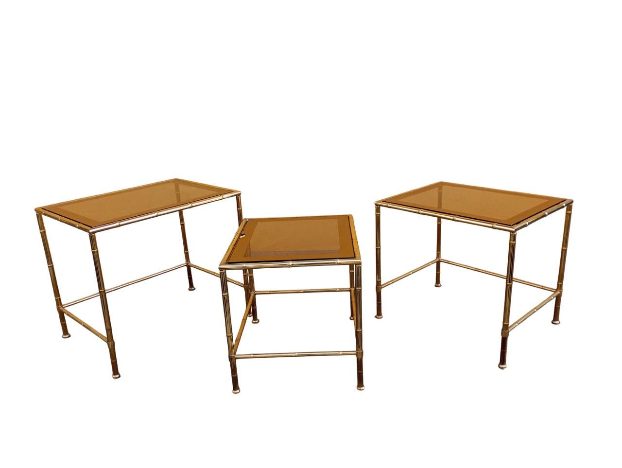 Brass Set of three nesting tables with design imitating bamboo. Italy 1970s For Sale