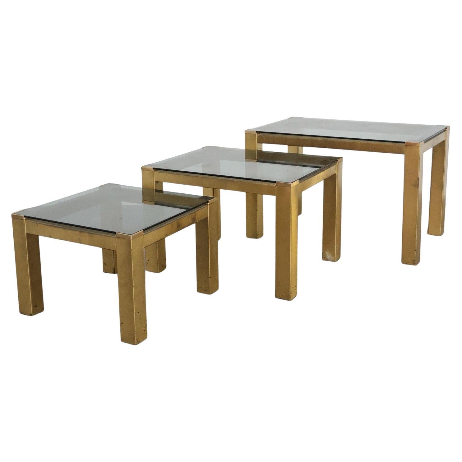 set di Tris tavolini ottone modulari Hollywood Regency 1970 Design Modernariato
