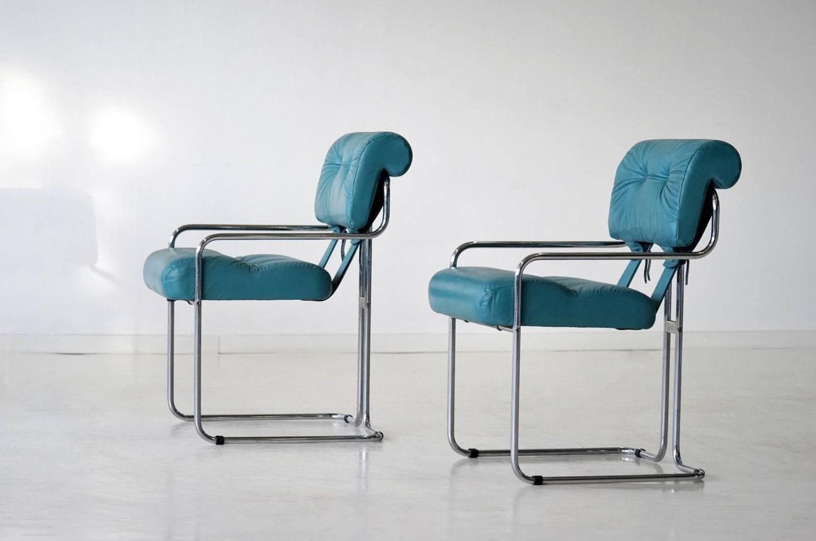 Mid-Century Modern Set Dining Chair by Faleschini Guido Pace Tucroma Chrome Tubular Steel Leather 