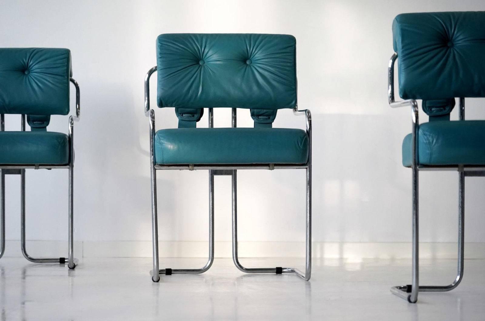 20th Century Set Dining Chair by Faleschini Guido Pace Tucroma Chrome Tubular Steel Leather 