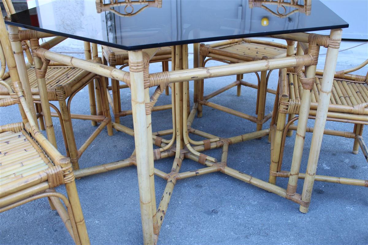 Set Dining Room Bamboo Italian Midcentury Design Octagonal Table Glass Top, 1950 For Sale 3