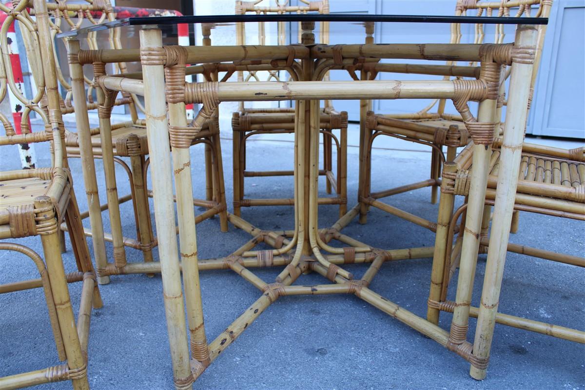 Set Dining Room Bamboo Italian Midcentury Design Octagonal Table Glass Top, 1950 For Sale 5