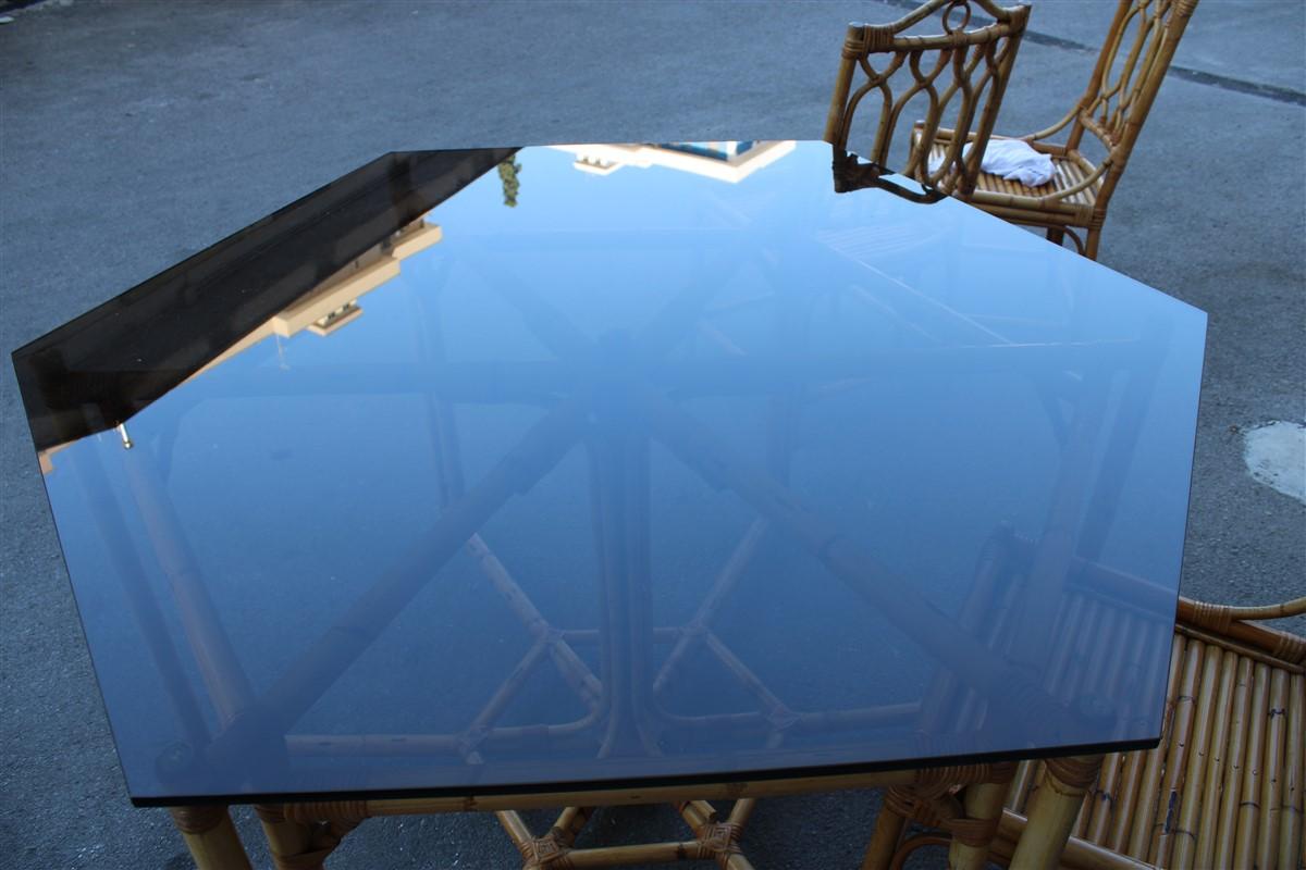 Européen Ensemble Salle à manger en bambou Table octogonale en verre de conception italienne du milieu du siècle, 1950 en vente