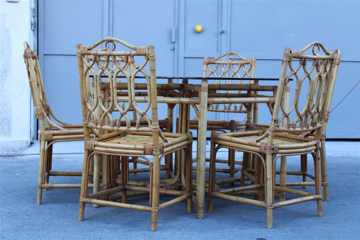 European Set Dining Room Bamboo Italian Midcentury Design Octagonal Table Glass Top, 1950 For Sale