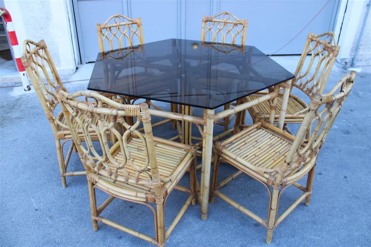 Set Dining Room Bamboo Italian Midcentury Design Octagonal Table Glass Top, 1950 In Good Condition For Sale In Palermo, Sicily