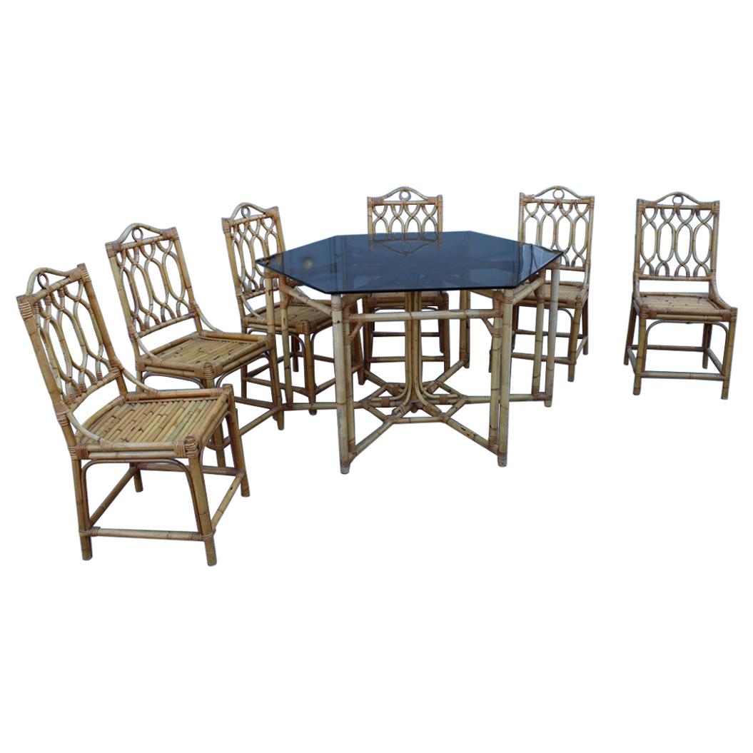 Set Dining Room Bamboo Italian Midcentury Design Octagonal Table Glass Top, 1950 For Sale