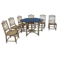 Retro Set Dining Room Bamboo Italian Midcentury Design Octagonal Table Glass Top, 1950