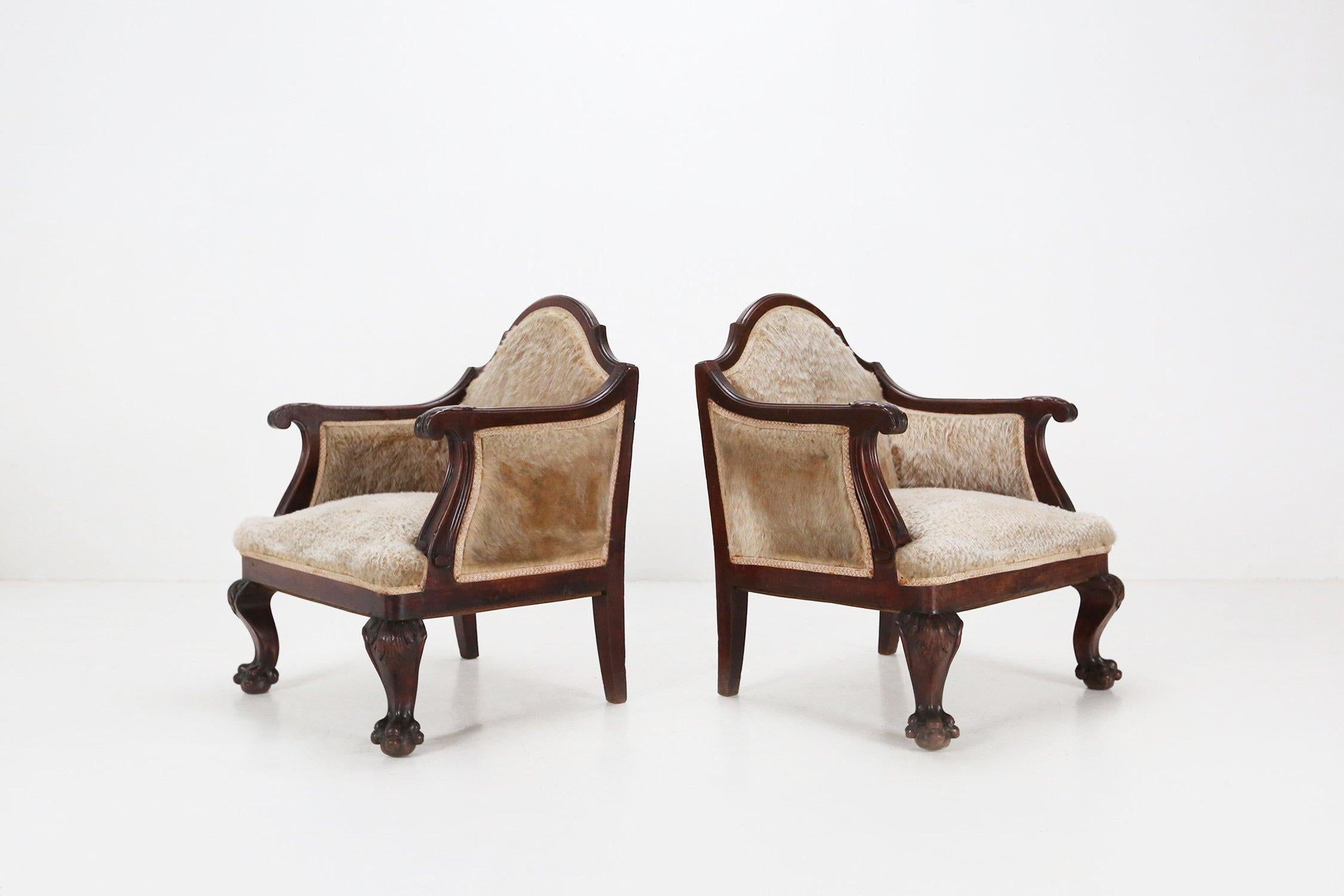 Set early Empire solid mahogany wood and sheepskin armchairs, France 1820s For Sale 7