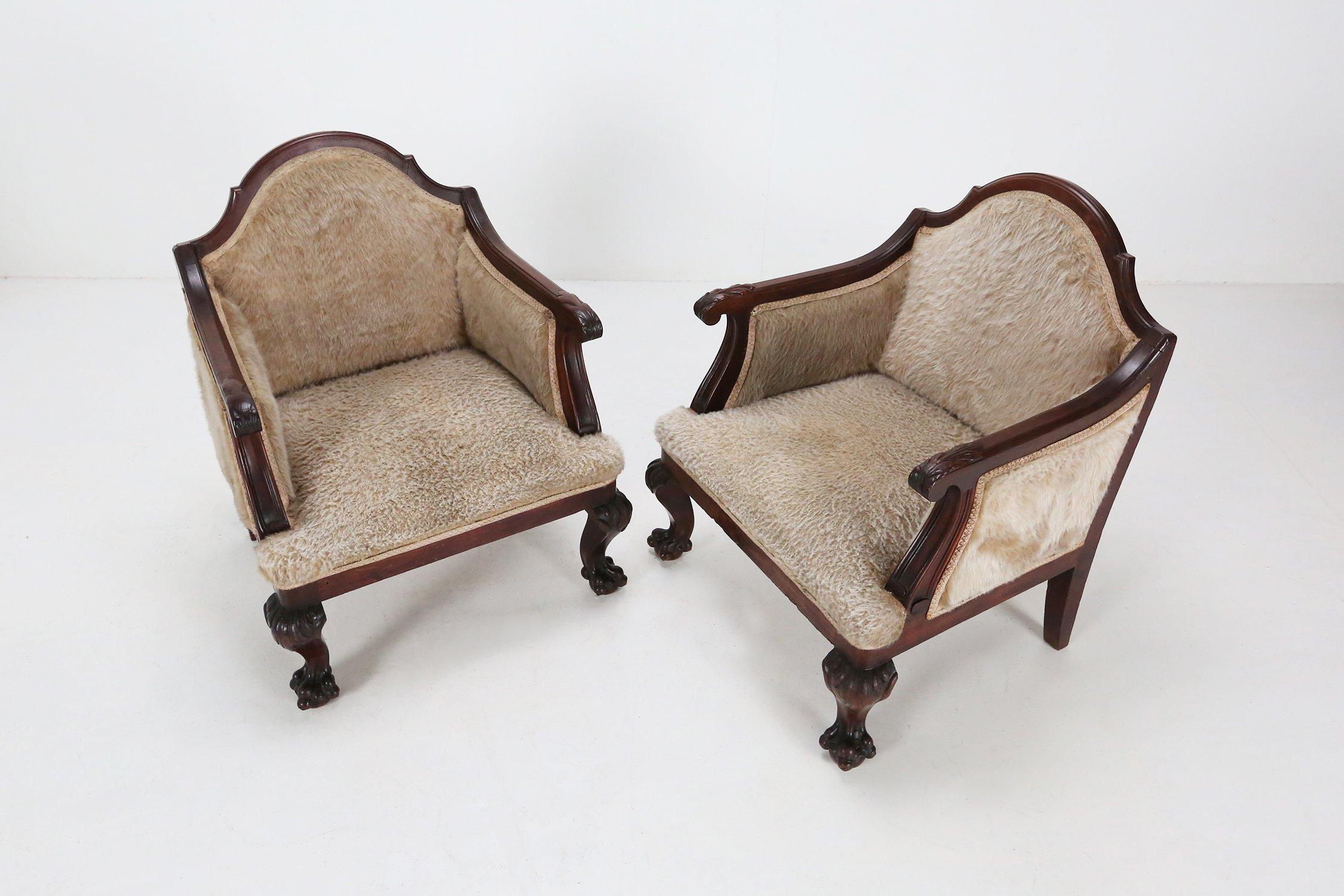 Sheepskin Set early Empire solid mahogany wood and sheepskin armchairs, France 1820s For Sale