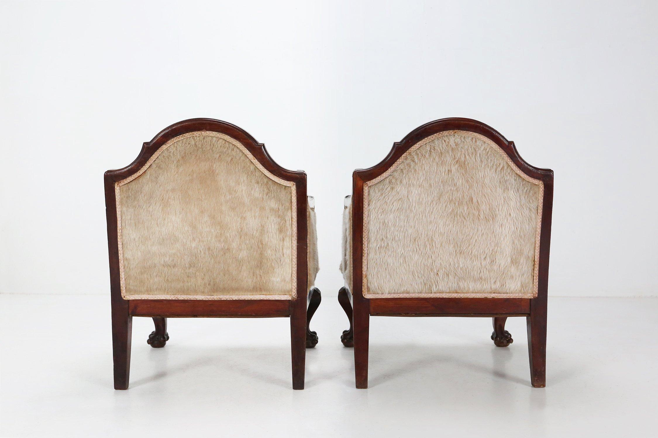 Set early Empire solid mahogany wood and sheepskin armchairs, France 1820s For Sale 2