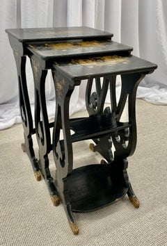 Set Ebonized Chinoiserie Nesting Tables, Stacking Tables, Oriental Motif, 19th