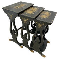 Set Ebonized Chinoiserie Nesting Tables, Stacking Tables, Oriental Motif, 19th